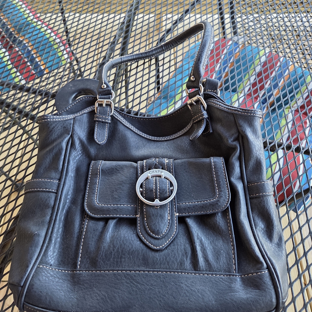 Chaps Black Leather Tote Bag